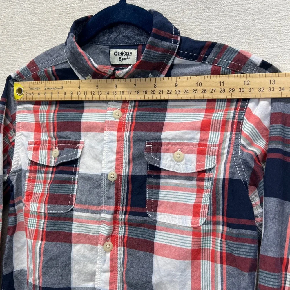 OshKosh Bgosh Plaid Button Down Shirt Boys 6 Red Navy Blue Long Sleeve Pockets